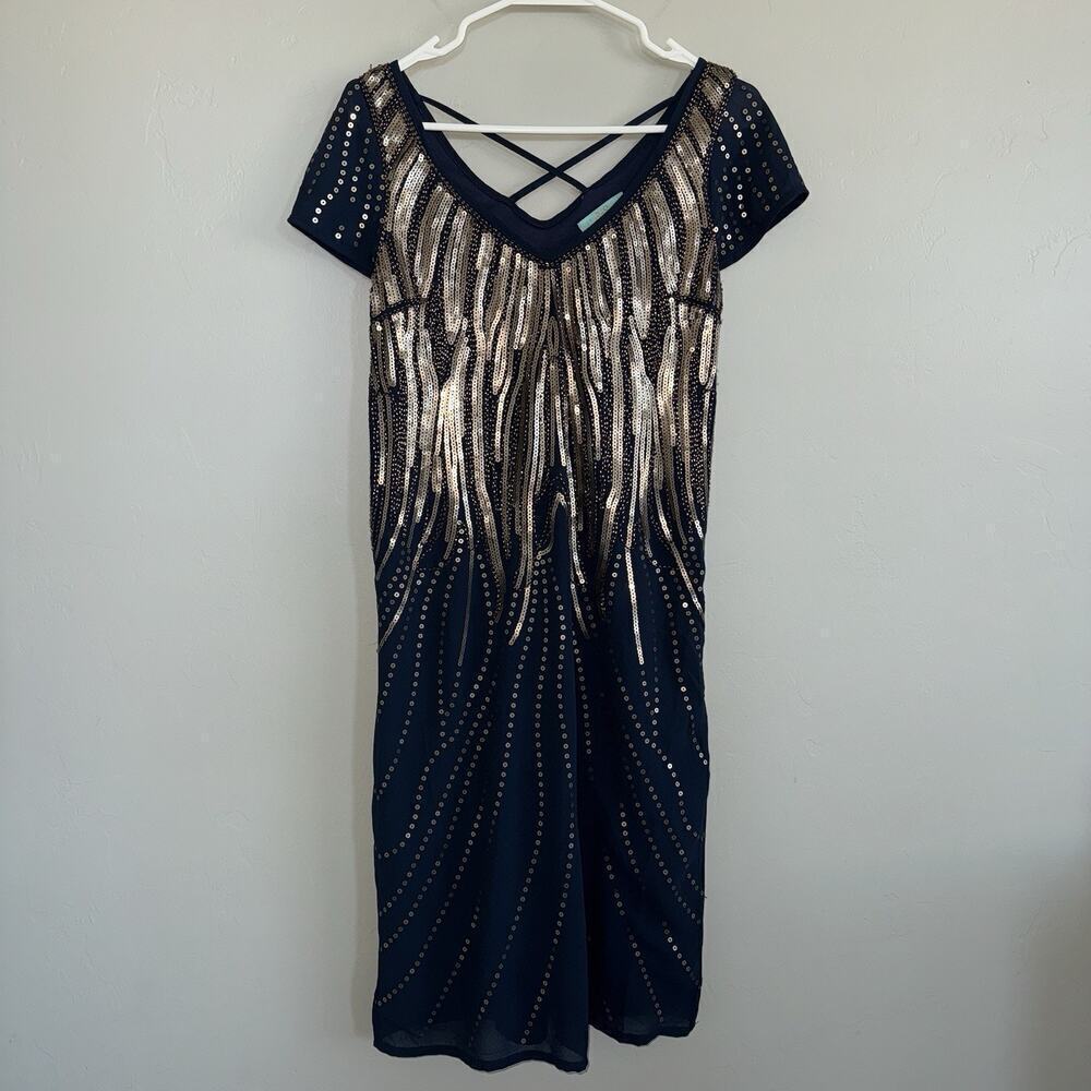 Rio Bazaar Navy Blue & Gold Sequin Dress XS Crisscross Back Art Deco Sparkle